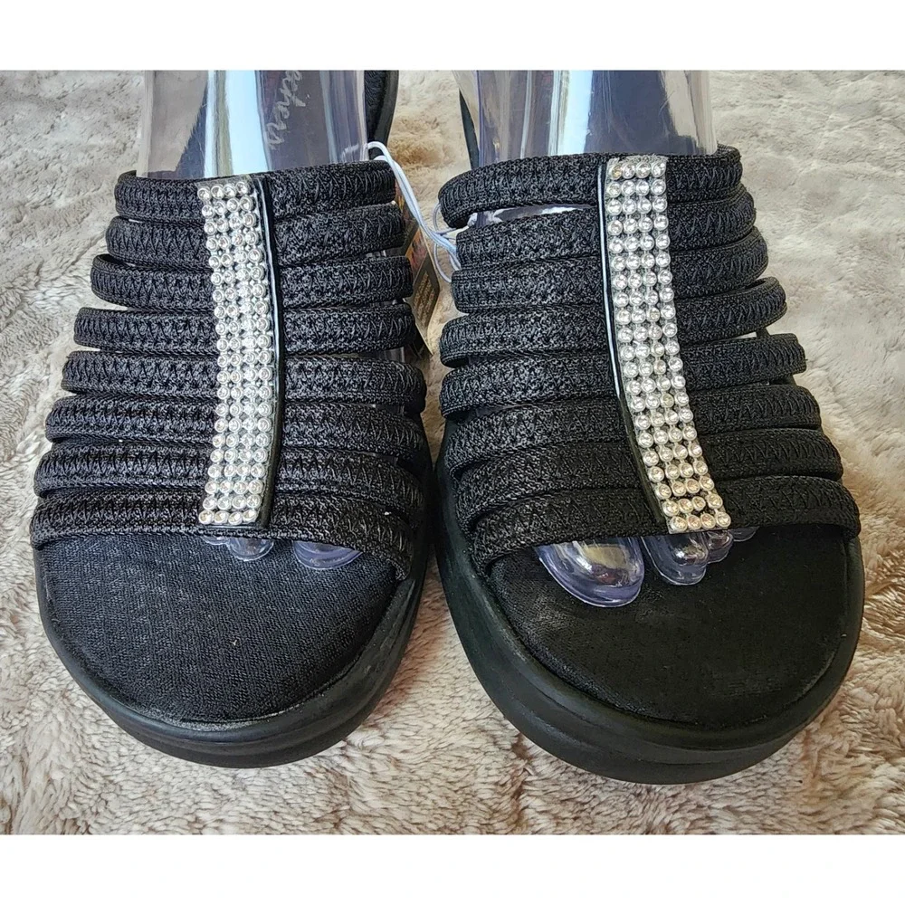 Skechers Cali Rumblers Hot Shot Black Wedge Sandals Rhinestone Womens 9 Wide